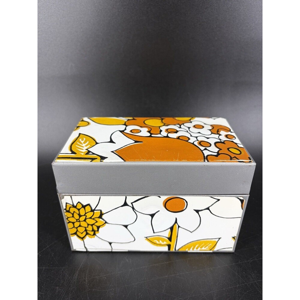 Vintage Recipe Metal Tin Box 1970's Flower Power Mod Orange
